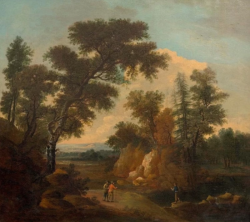 Paesaggio forestale con viaggiatori